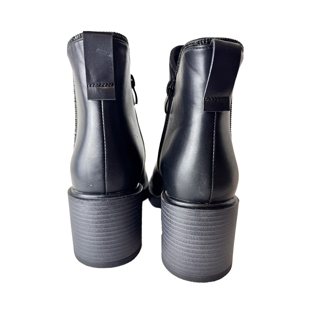 Tronchetto Donna in Ecopelle Nera con Tacco Largo e Dettagli Strass