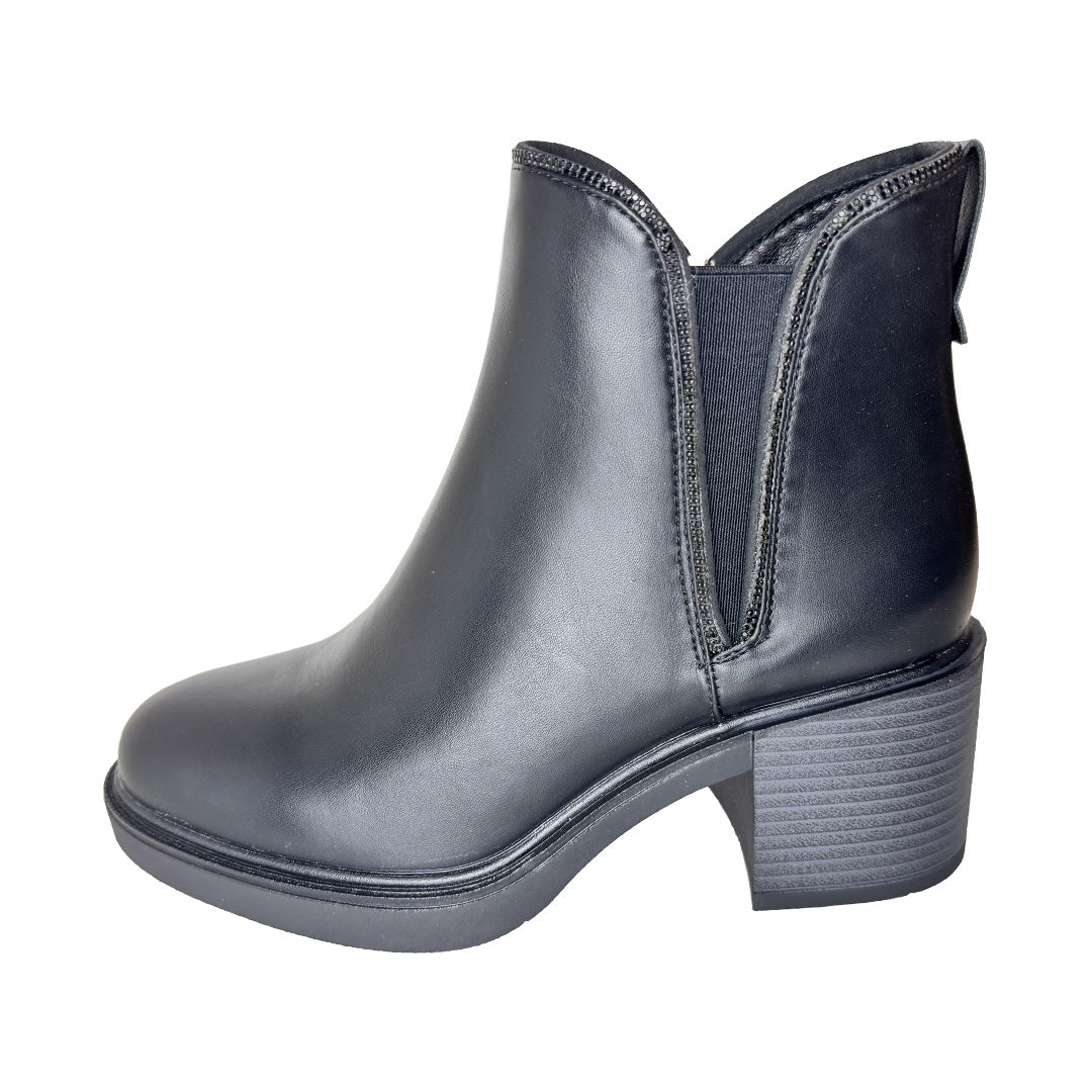 Tronchetto Donna in Ecopelle Nera con Tacco Largo e Dettagli Strass