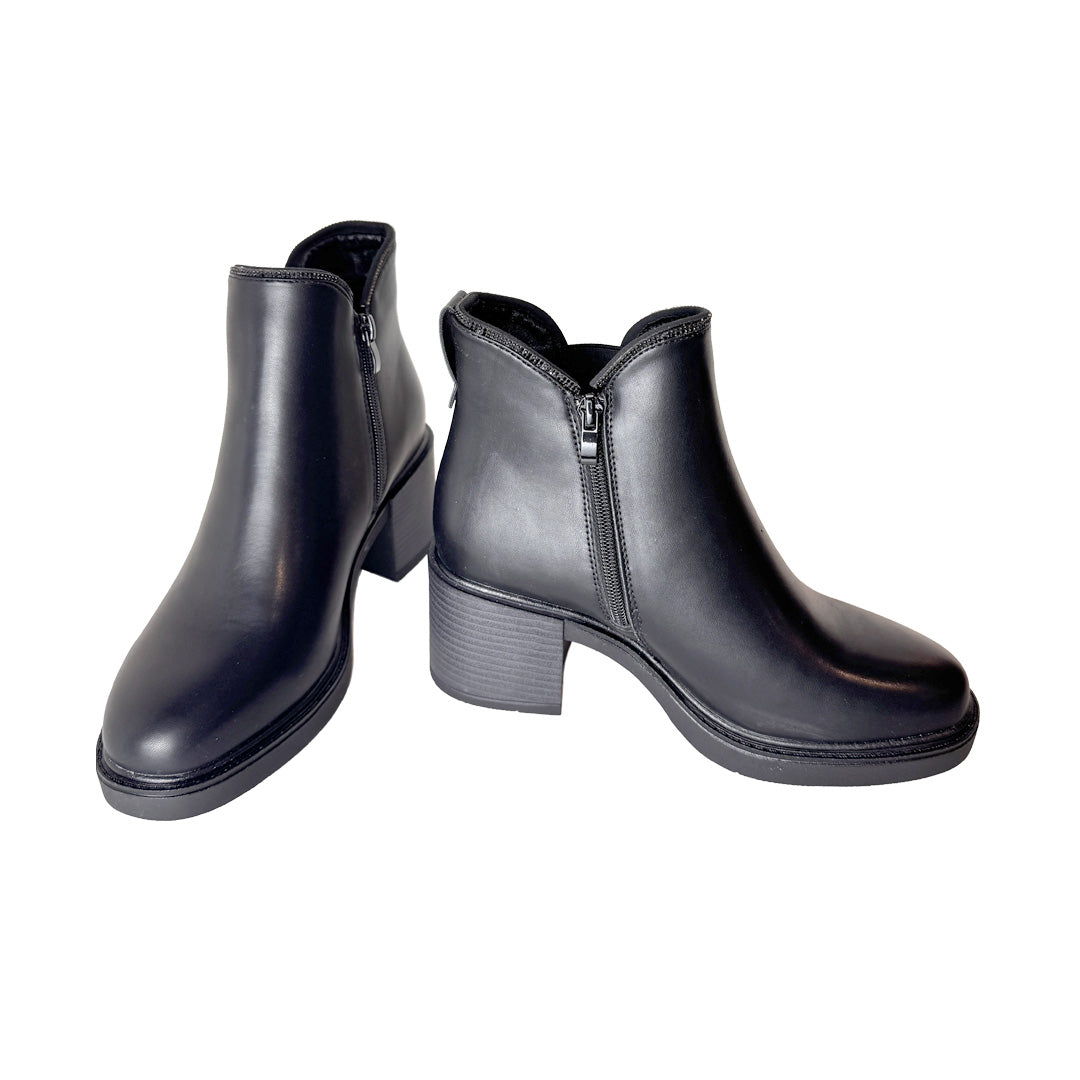 Tronchetto Donna in Ecopelle Nera con Tacco Largo e Dettagli Strass