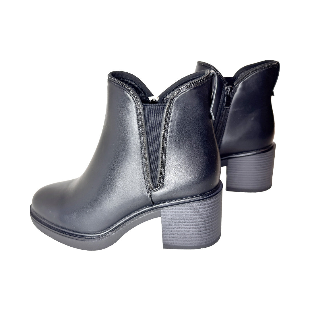 Tronchetto Donna in Ecopelle Nera con Tacco Largo e Dettagli Strass