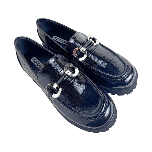 Mocassino Donna in Vernice Nero con Suola Carrarmato e Catena Argento