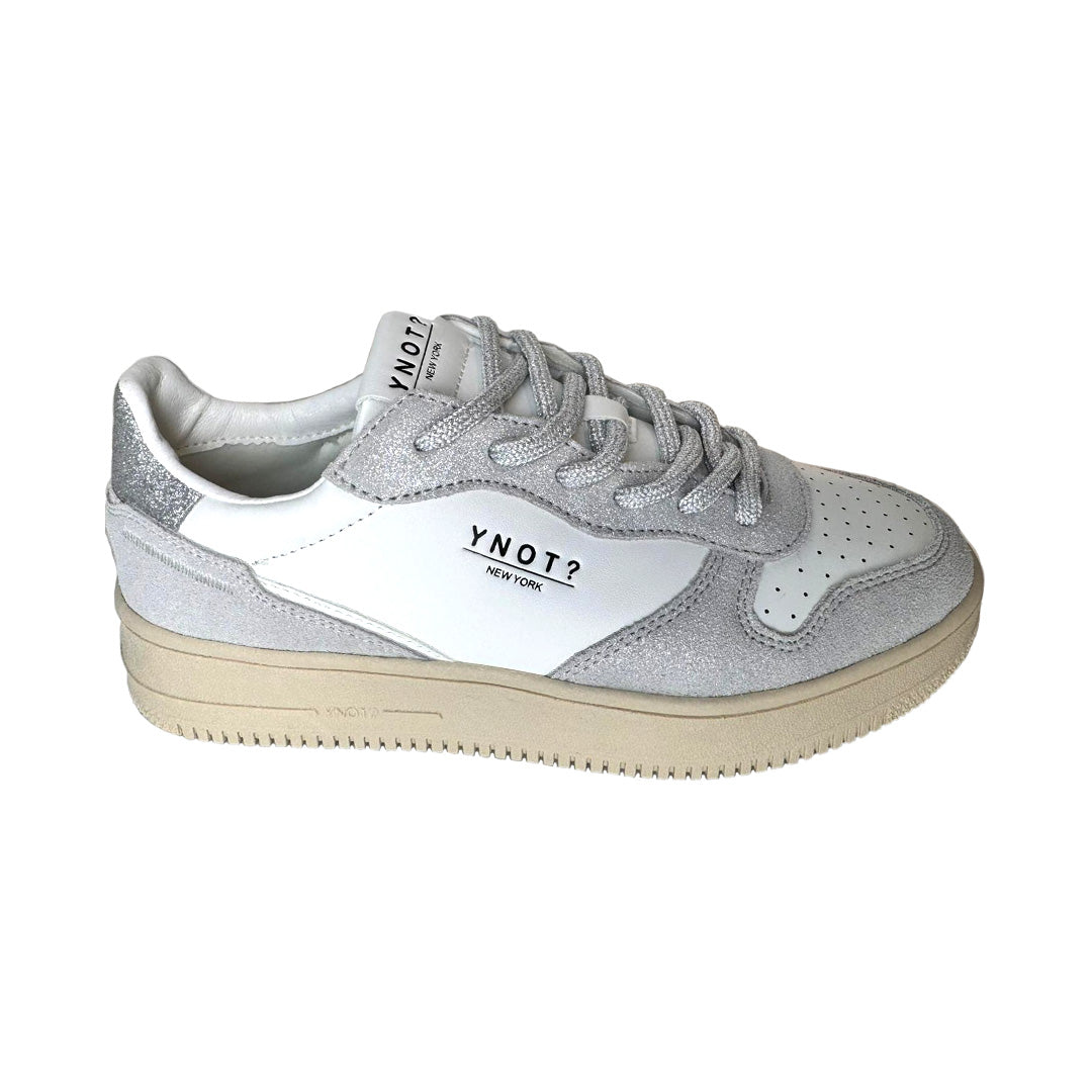 Sneaker Donna YNOT? in Pelle White Glitter Silver
