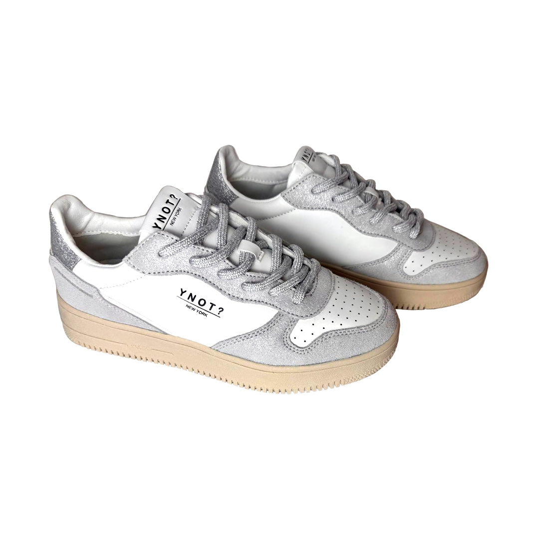 Sneaker Donna YNOT? in Pelle White Glitter Silver
