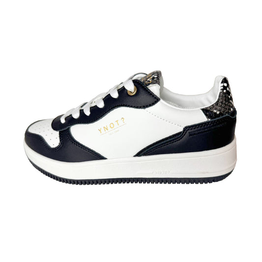 Sneaker Donna YNOT? in Pelle Bianco e Nero con Tallone Pitonato